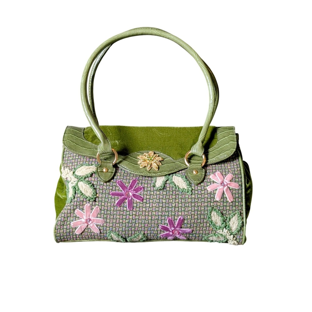 Vintage Y2K Fairycore Chartreuse Embellished Floral Velvet Wool Tweed Handbag